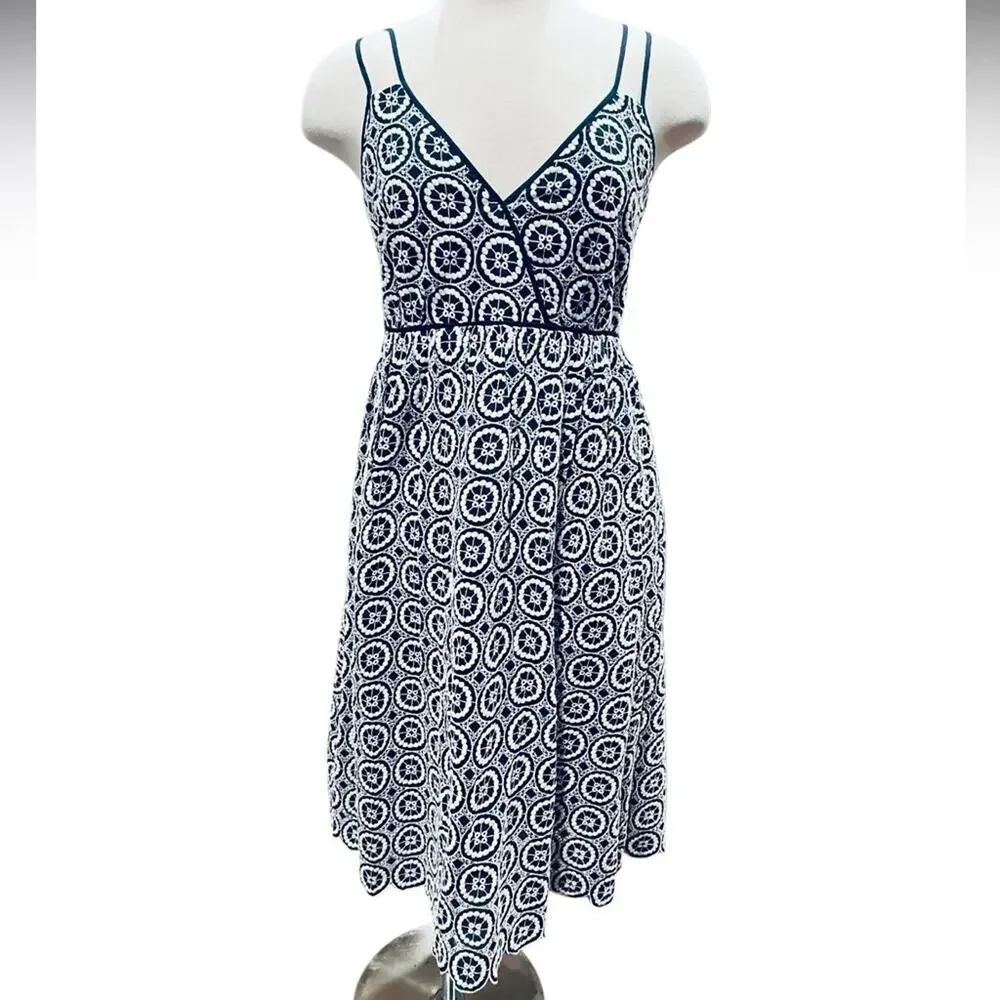 J. Crew Double Strap Eyelet Midi Dress Navy White Size 4